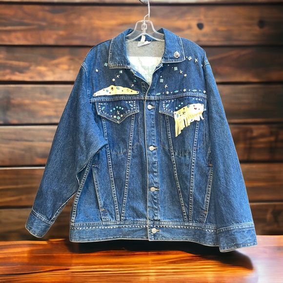 VTG 80s Freego M Jean Jacket Blue Denim Jeweled Sequin Fringed Beaded Oversized - Picture 1 of 10